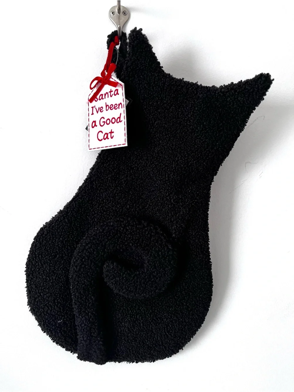 Black Cat Shaped Christmas Stocking Plush Fuzzy Santa I’ve Been A Good Cat Lined